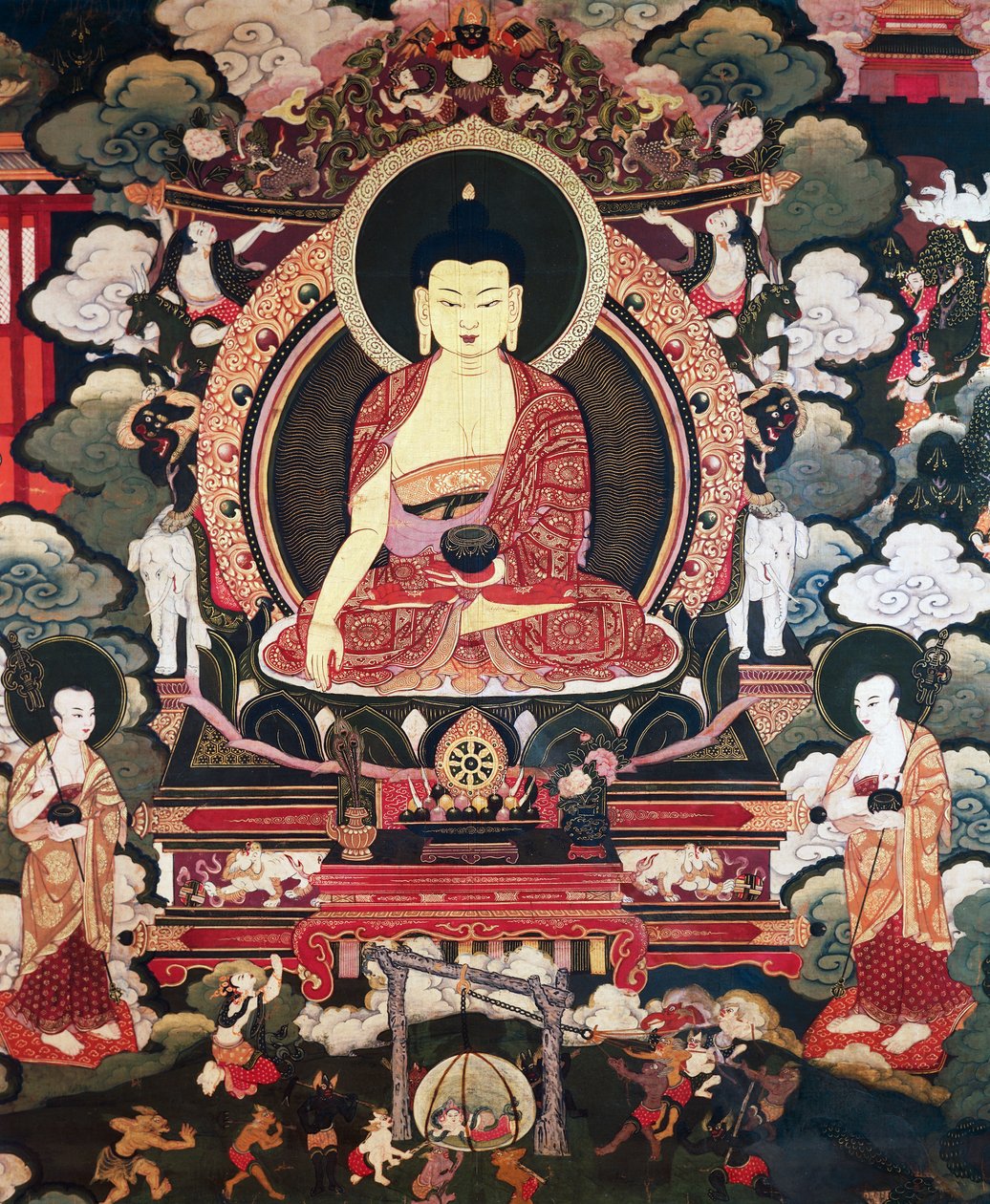 Budda siedzący pomiędzy swoimi dwoma wielkimi uczniami, Cariputrą i Maudgalyayaną, sceny z życia Buddy Siakjamuniego, cywilizacja tybetańska autorstwa Tibetan School