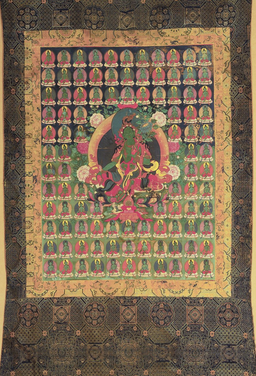 Zielona Tara (gwasz i złocone na bawełnie) autorstwa Tibetan School