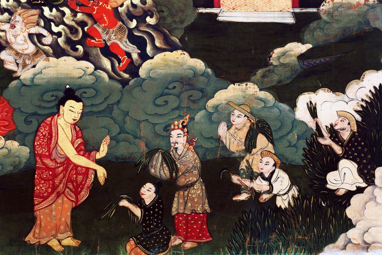 Ofiarowanie wiązek trawy, sceny z życia Buddy Siakjamuniego autorstwa Tibetan School