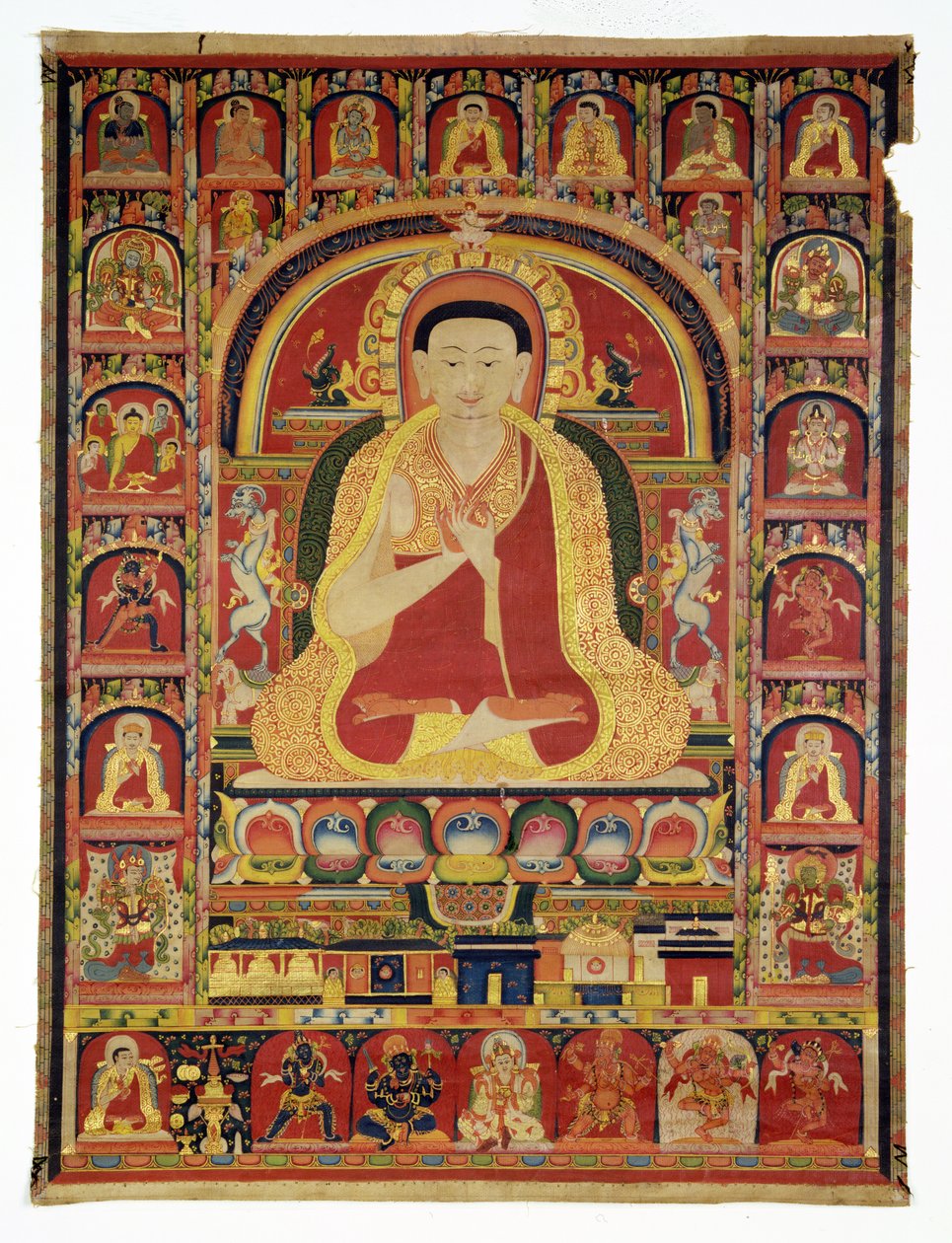 Portret Wielkiego Thangpy (1142-1210) koniec XIII w. (opaker wc i złoto na bawełnie) autorstwa Tibetan School