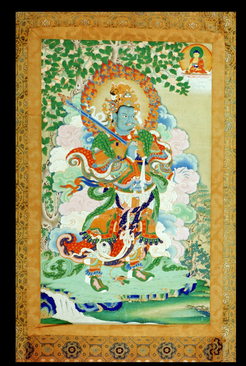Malowidło Thangka przedstawiające Virudhaka (Pag che po) Strażnika Południa, Tybetańczyk, XIX wiek (papier oprawiony w jedwab z wałkami) autorstwa Tibetan School