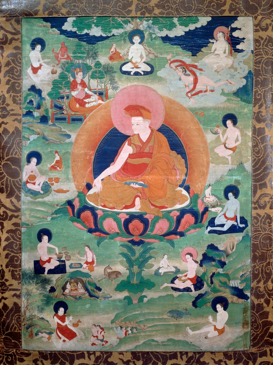 Lama Rdo Rje Grags Pa, który żył w XI wieku, otoczony przez swoich zwolenników, malarstwo, cywilizacja tybetańska autorstwa Tibetan School