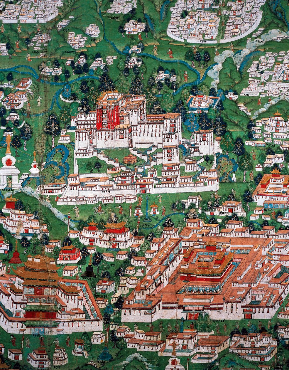 Miasto Lhasa i Potala, kolorowy grawer autorstwa Tibetan School