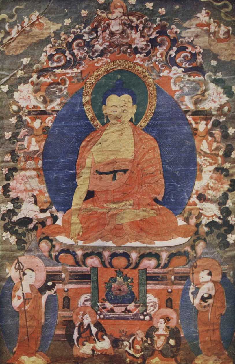 Wizerunek Buddy na tronie tybetańskiej z XVIII wieku, reprodukowany w The Outline of History: under the simple history of life and human, H.G. Wells, London autorstwa Tibetan School