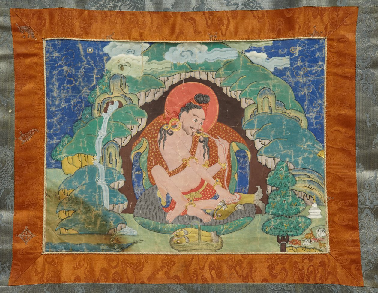 Mahasiddha Luipa, z częściowego zestawu thanek, początek XIX w. (pigmenty mineralne na klejonej bawełnie; oryginalne oprawki brokatowe) autorstwa Tibetan School