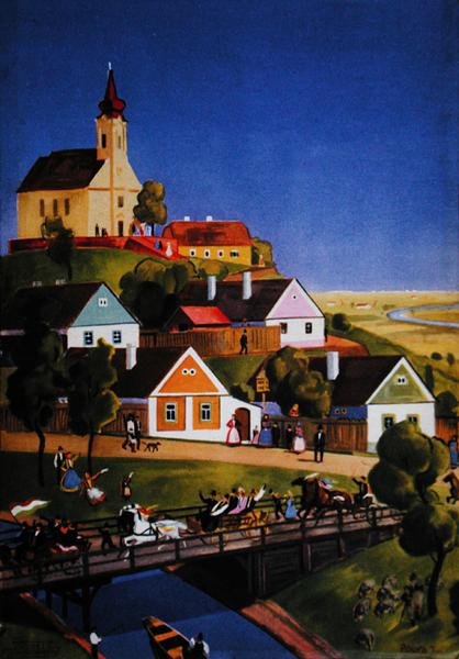 Typowa węgierska wioska, ilustracja z broszury turystycznej, ok. 1930-40 (kolor lito) autorstwa Tibor Polya