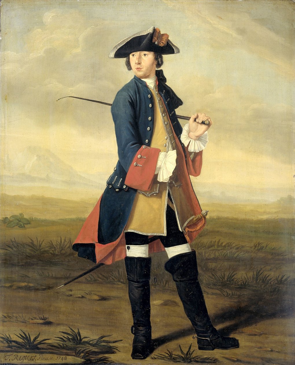 Portret Ludolfa Backhuysena II, malarza, w mundurze dragonów autorstwa Tibout Regters