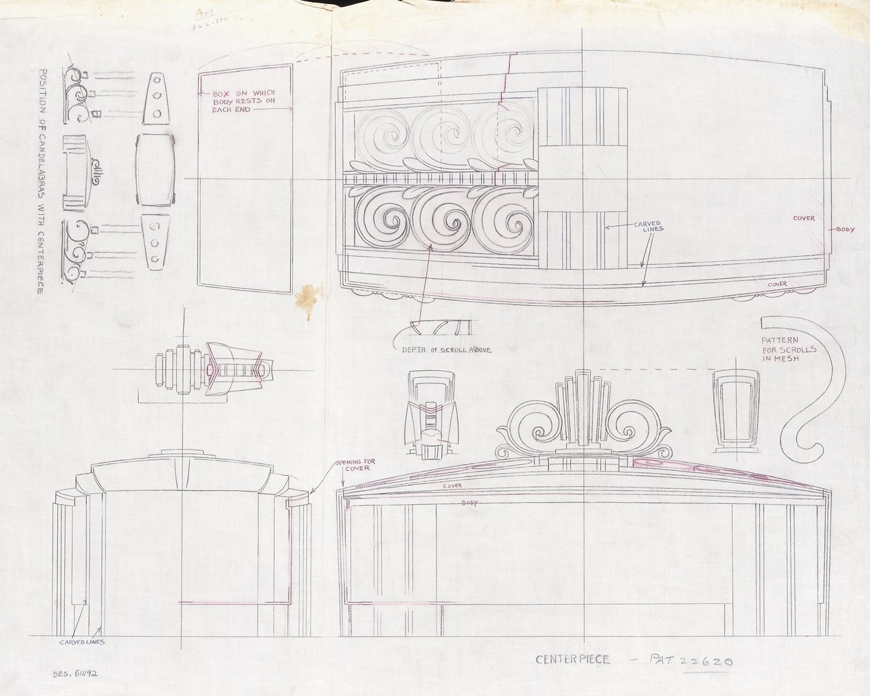 Rysunek projektu centrali ekspozycji Tiffany & Co. i dwóch trójświetlnych kandelabrów, wykonany na Wystawę Światową 1939, ok. 1939 (tusz na papierze) autorstwa Tiffany and Company