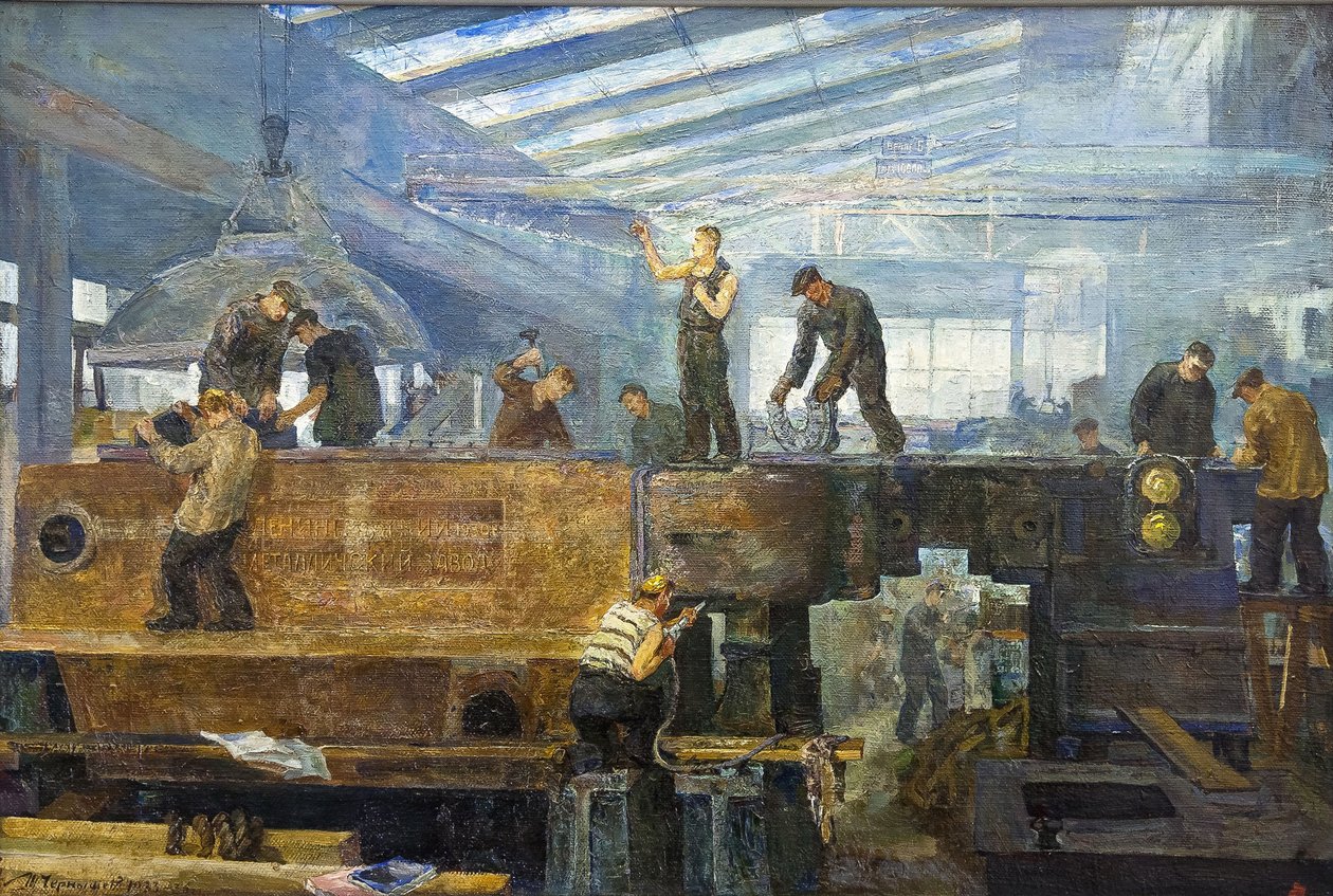 Le plan quinquennal - Instalacja turbin par Czernyszew, Tichon Pawłowicz (1882-1942). Olej na płótnie, rozmiar : 75x110 autorstwa Tikhon Pavlovich Chernyshev