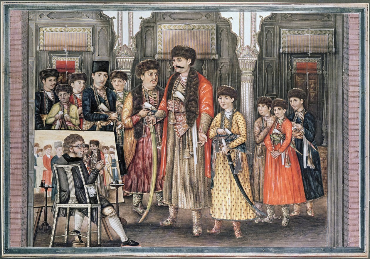 Shuja ud-daula, Nawab of Oudh (1754-75) i jego dziesięciu synów, wyryte przez P. Renault, 1796 (akwatinta barwna) autorstwa Tilly Kettle