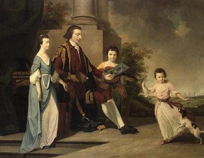 Thomas Noel, 2. wicehrabia Wentworth, siedzący z trzema siostrami, Judith, Elizabeth i Sophią, na tarasie, z tyłu Oxford (olej na płótnie) autorstwa Tilly (manner of) Kettle