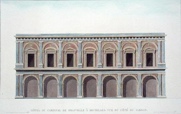 Residence of Cardinal de Granvelle (1517-86), Bruksela, Widok z ogrodu, z „Wybór najbardziej niezwykłych zabytków, budynków i domów Królestwa Niderlandów” Pierre Jacques Goetghebuer, opublikowany 1827 (akwatinta) (zob. także 189226) autorstwa Tilman Francois (after) Suys