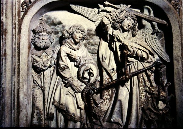 Grób Henryka II (973-1024) i jego żony Kunigundy, szczegół ważenia serca Henryka II w obecności św. Wawrzyńca autorstwa Tilman Riemenschneider
