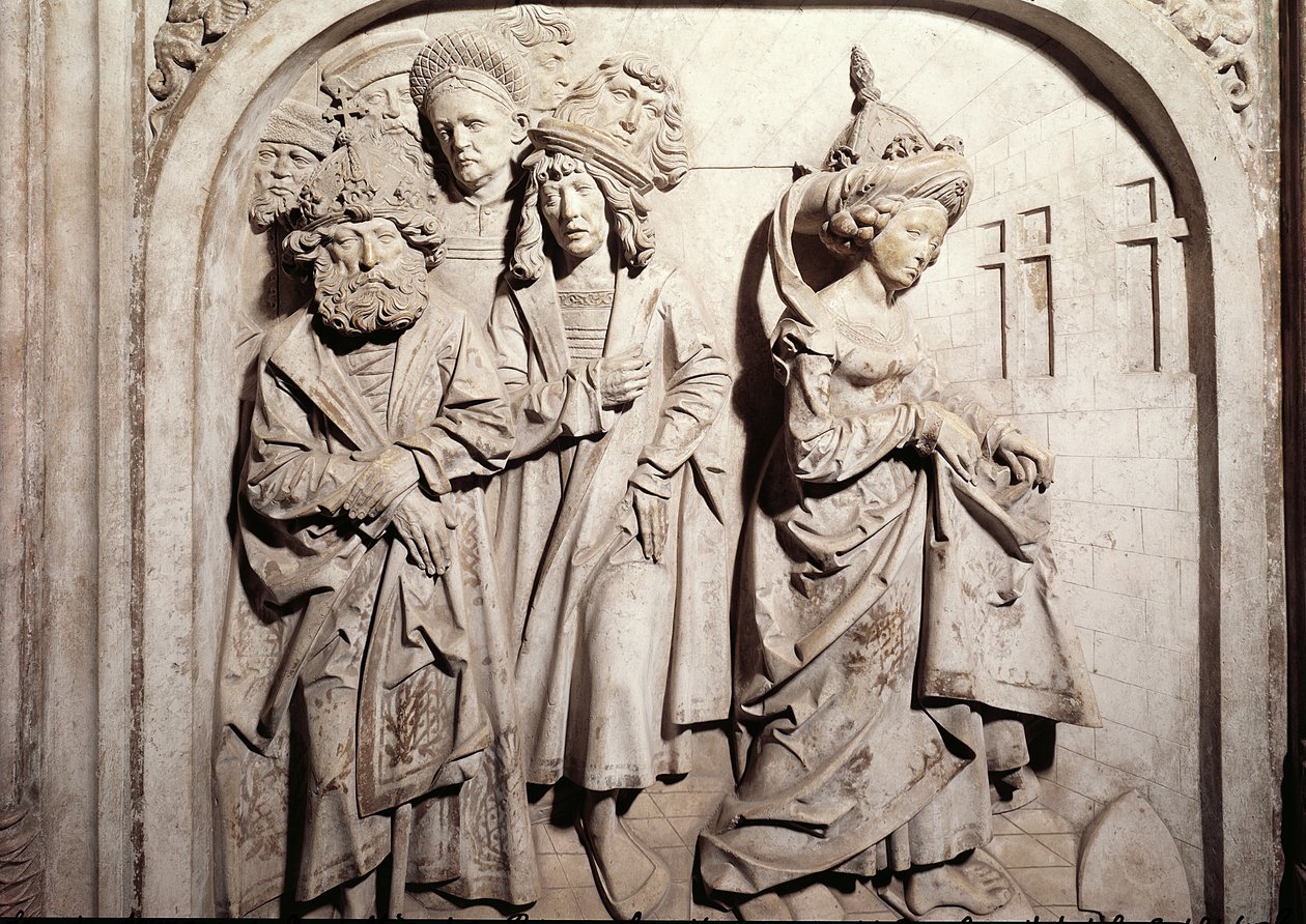 Grób Henryka II 973-1024 i jego żony Kunigunde, fragment procesu ogniowego Kunigunde pod zarzutem cudzołóstwa, 1499-1513 kamień autorstwa Tilman Riemenschneider