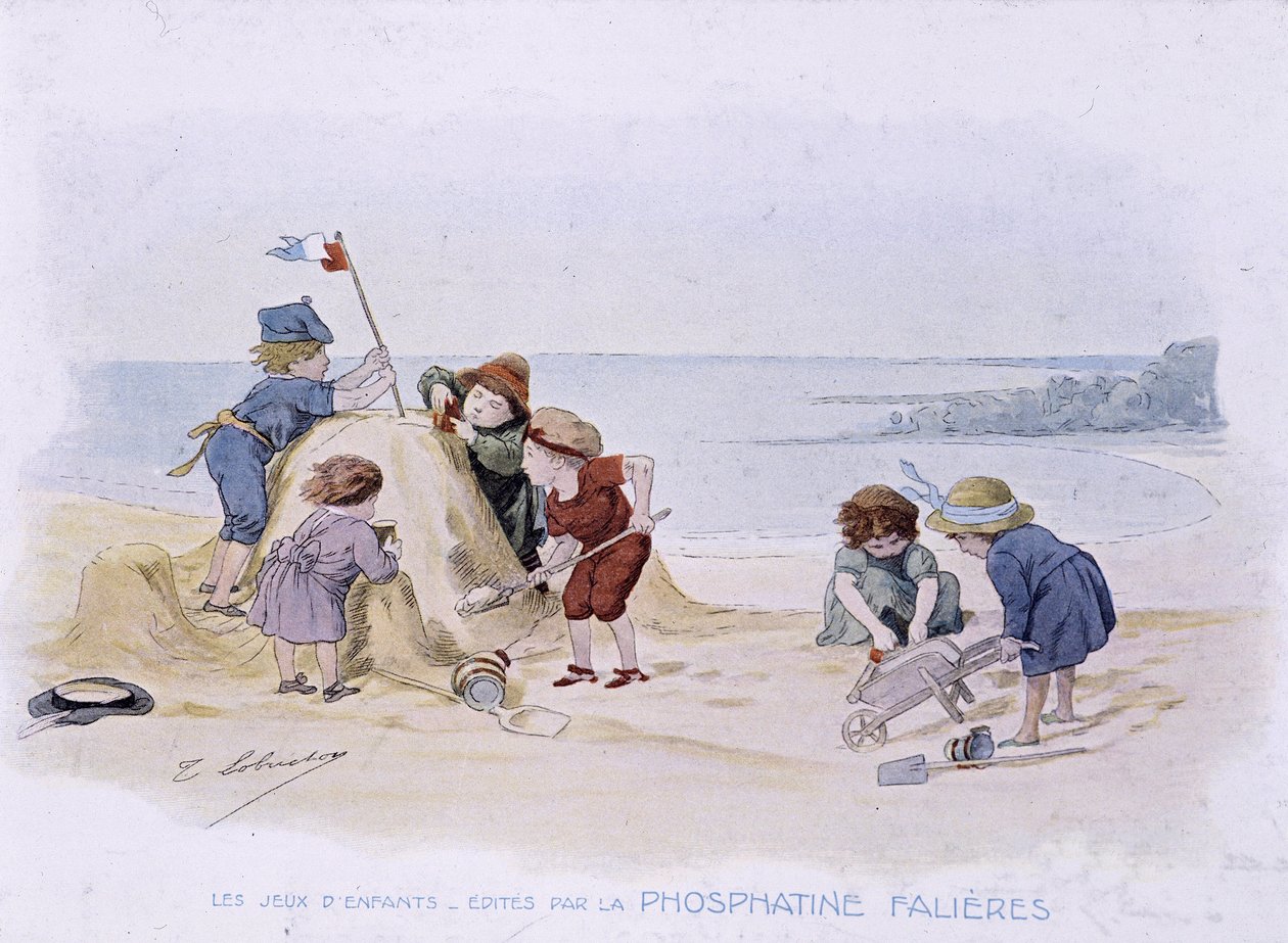 Gry dla dzieci: dzieci budują zamek z piasku - dess. de Lobrichon, wyd. przez Phosphatine Falières, v.1920 autorstwa Timoleon Marie Lobrichon