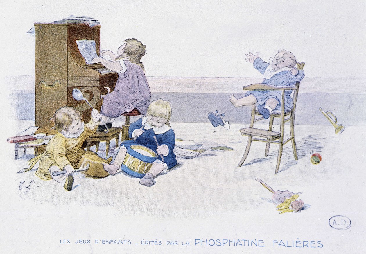 Gry dla dzieci: dzieci grające na różnych instrumentach muzycznych - dess. de Lobrichon, wyd. przez Phosphatine Falières, v.1920 autorstwa Timoleon Marie Lobrichon