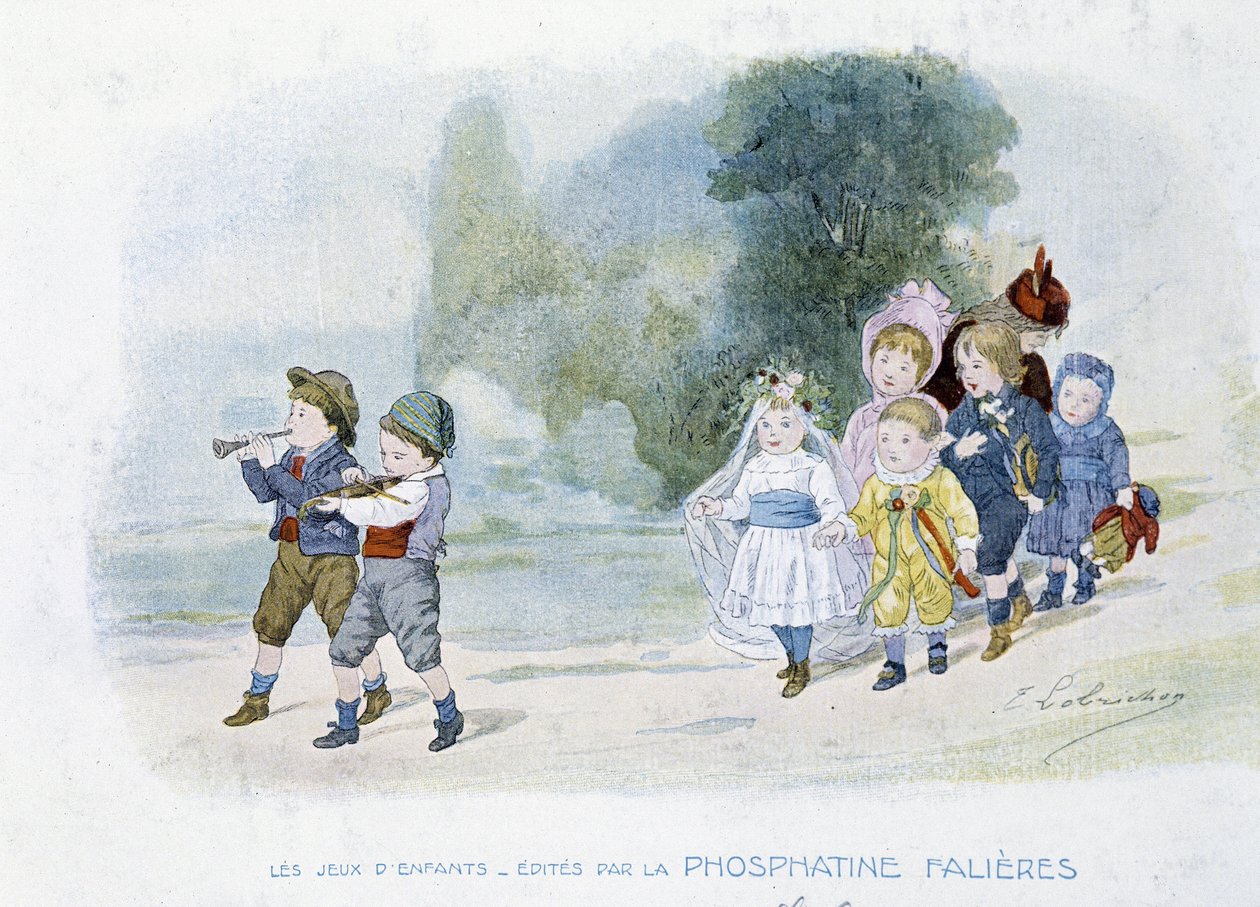 Zabawy dla dzieci: procesja ślubna, dzieci przebrane za panny młode - dess. de Lobrichon, wyd. przez Phosphatine Falières, v.1920 autorstwa Timoleon Marie Lobrichon