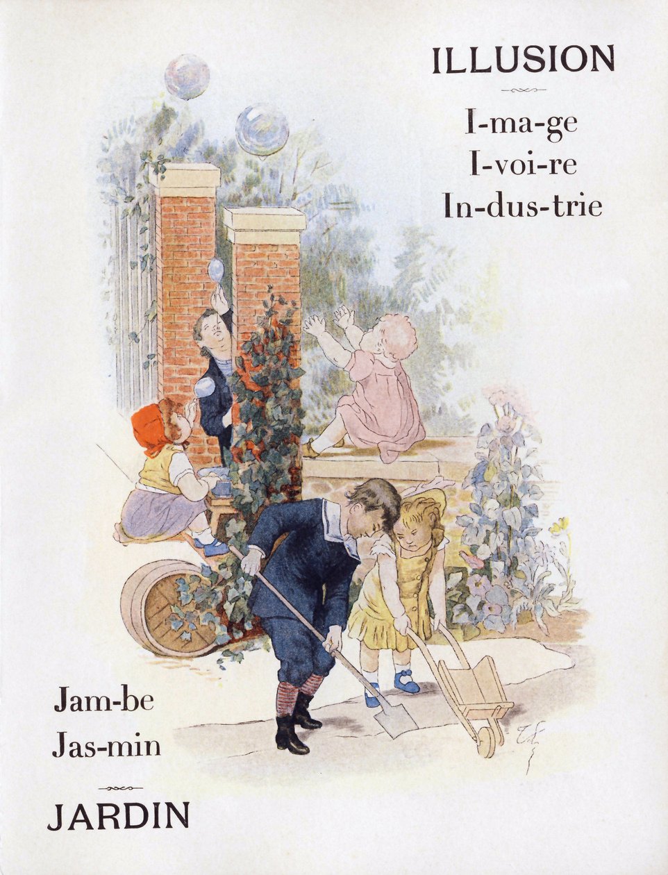 Litery I i J przedstawiające dzieci w ogrodzie, koniec XIX w. (chromolitografia) autorstwa Timoleon Marie Lobrichon