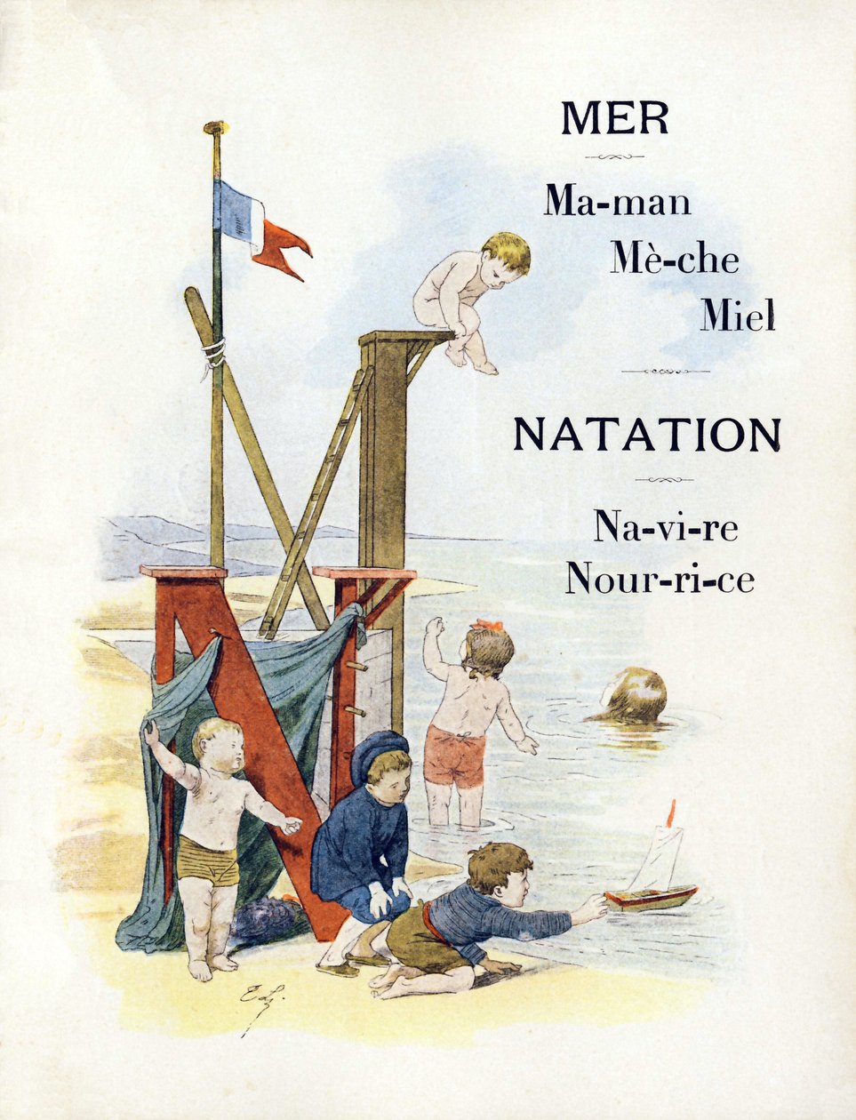 Litery M i N przedstawiające dzieci na plaży, koniec XIX wieku (chromolitografia) autorstwa Timoleon Marie Lobrichon