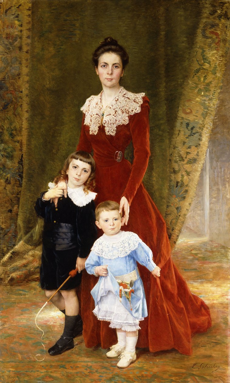Portret damy stojącej na całej długości z jej dziećmi, autorstwa Timoleon Marie Lobrichon