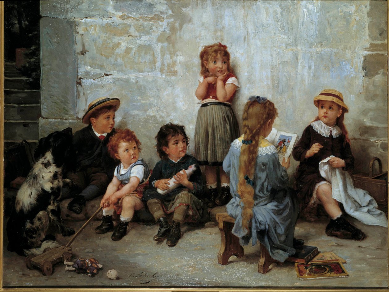 Pasjonujący fragment Dzieci słuchające książki. Obraz Timoleona Lobrichona (1831-1914) XIX wiek. Prywatna kolekcja autorstwa Timoleon Marie Lobrichon