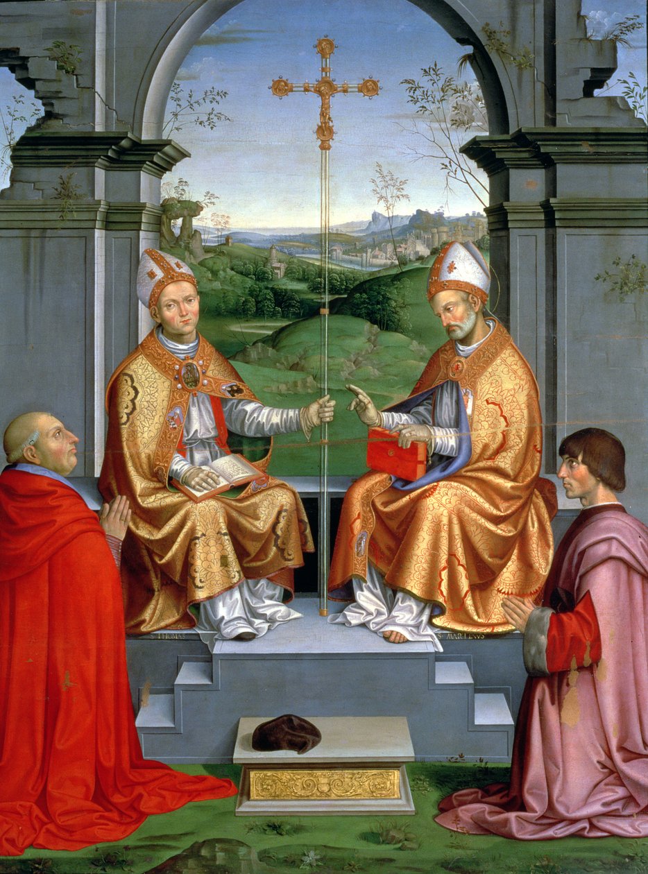 Tomasz Becket i św. Marcin z Tours z arcybiskupem Giovanni Pietro Arrivabene i Guidobaldo da Montefeltro, księciem Urbino (zm.1508) autorstwa Timoteo Viti