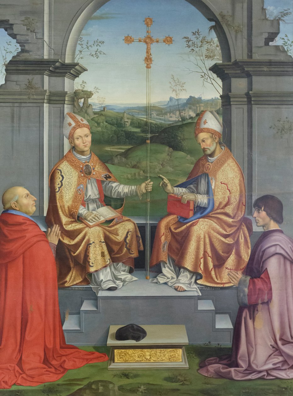 Święci Tomasz Becket i Marcin z Tours adorowani przez biskupa Giovanniego Pietro Arrivabene i jego bratanka Giacomo autorstwa Timoteo Viti