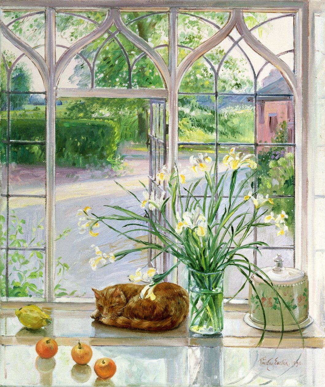 Irysy i śpiący kot, 1990 autorstwa Timothy Easton