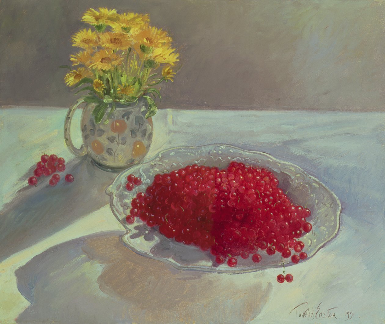 Martwa natura z czerwonymi porzeczkami i nagietkami, 1991 autorstwa Timothy Easton