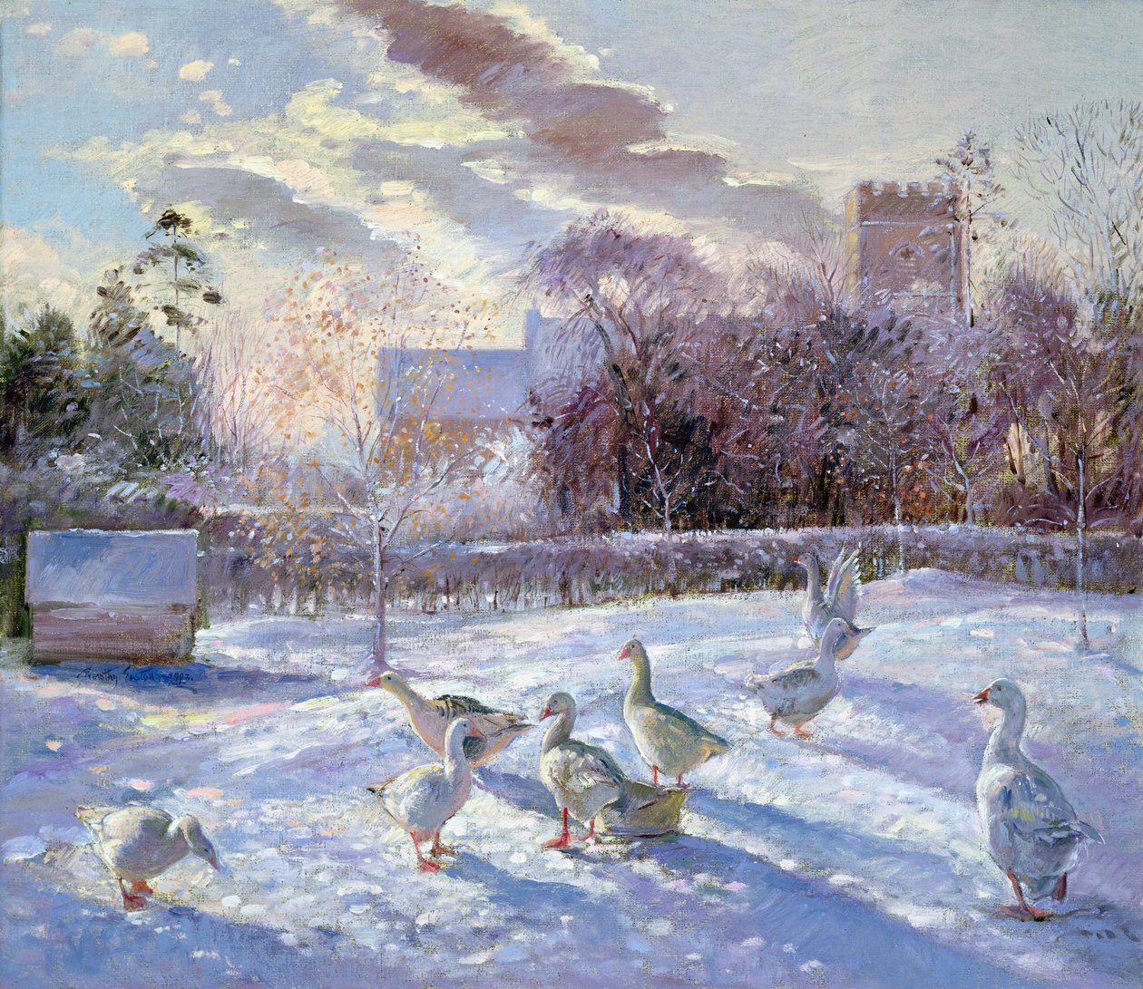 Zimowe gęsi na kościelnej łące autorstwa Timothy Easton