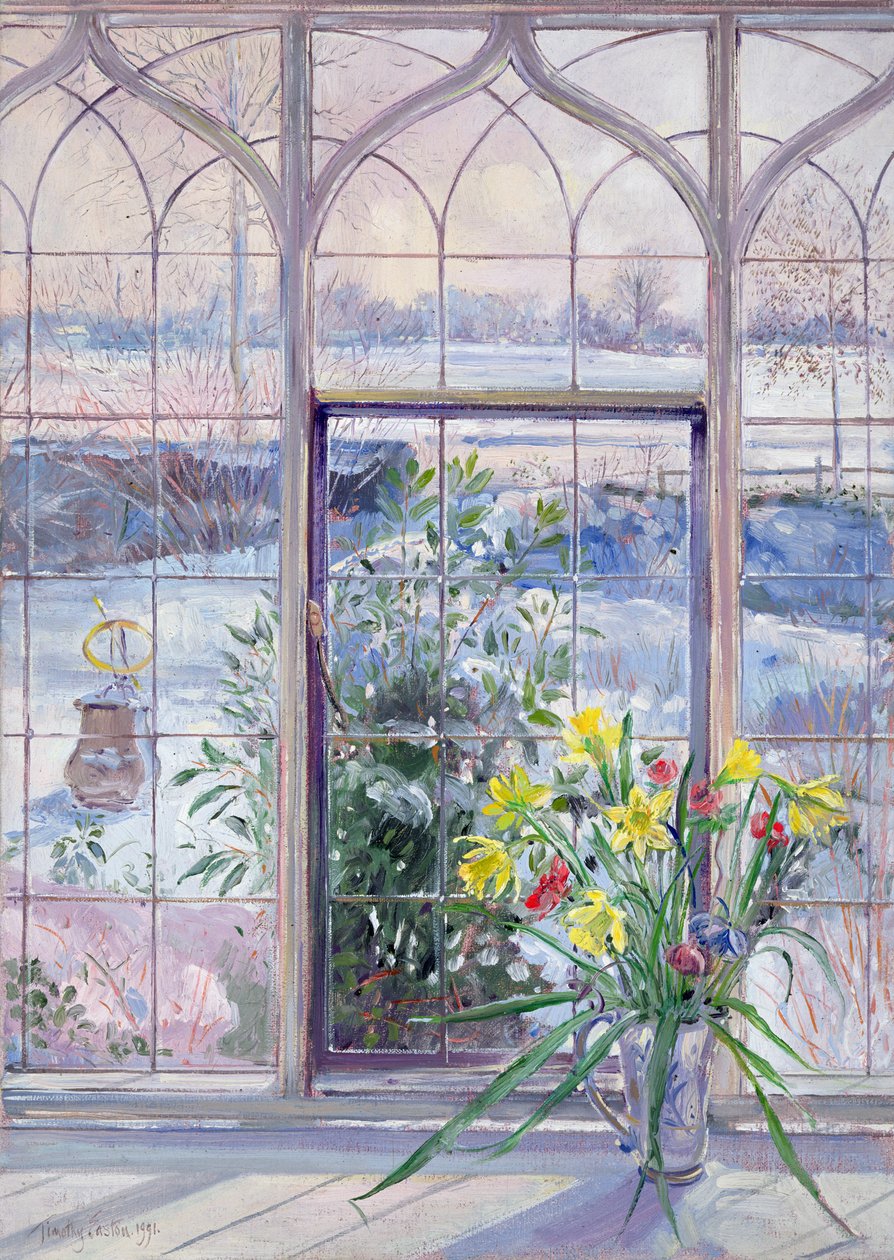 Żonkile i zegar słoneczny na tle śniegu autorstwa Timothy Easton