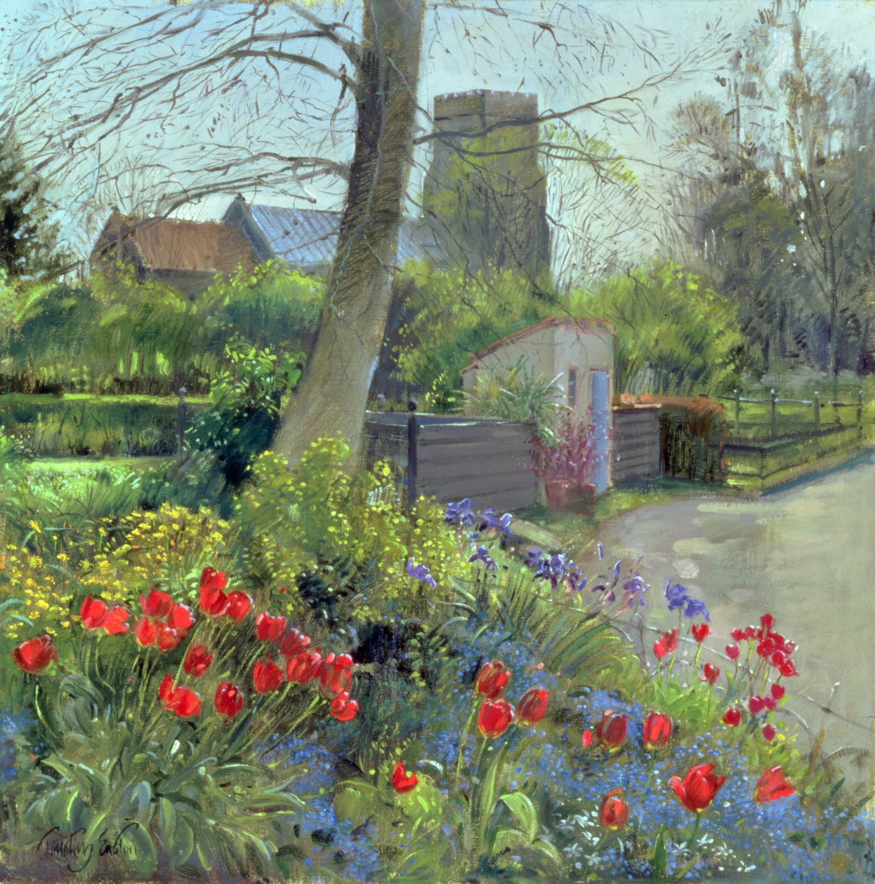 Czerwone tulipany i kościół Bedfield (olej na płótnie) autorstwa Timothy Easton