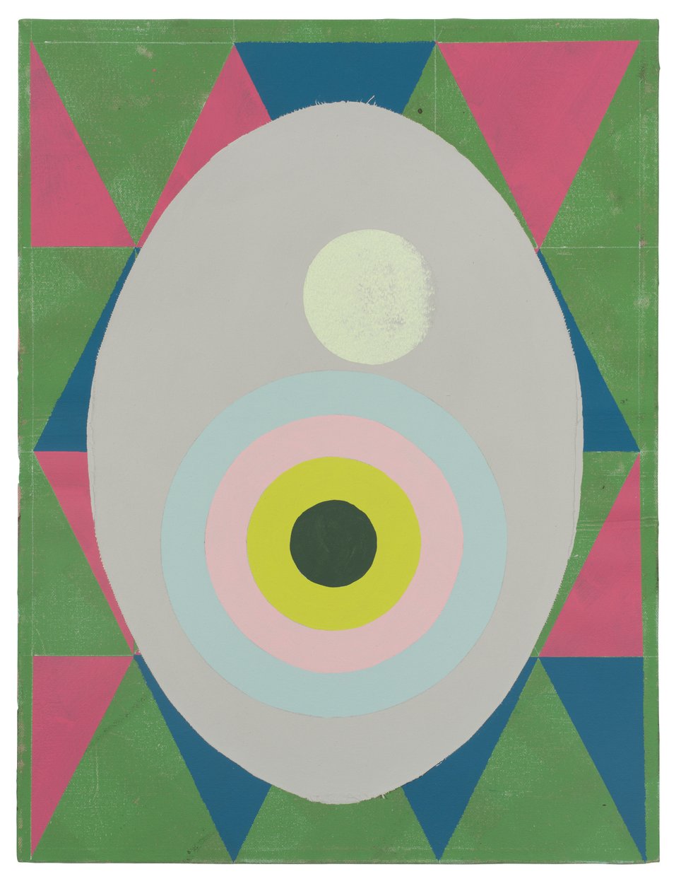 Egg is the Answer, 2023 (lateks, kolaż i emalia na płótnie) autorstwa Timothy Gierschick II