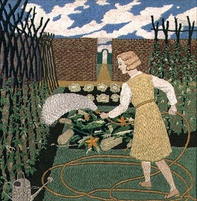 Kobieta podlewająca ogródek (roboty) autorstwa Tirzah Ravilious