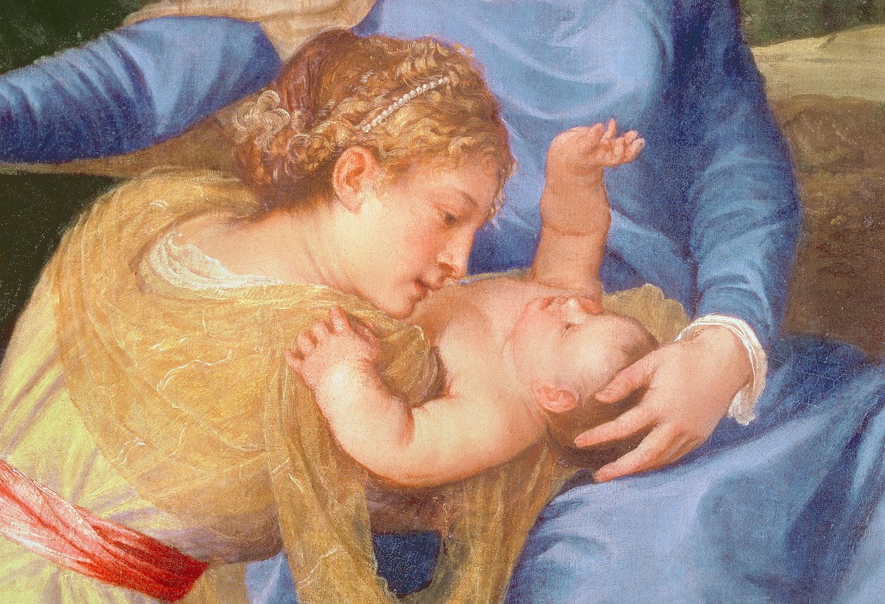 Matka Boska z Dzieciątkiem i św. Janem Chrzcicielem i kobietą świętą, detal przedstawiający Matkę Boską, Dzieciątko i kobietę świętą, ok. 1530-35 olej na płótnie autorstwa Tiziano Vecelli