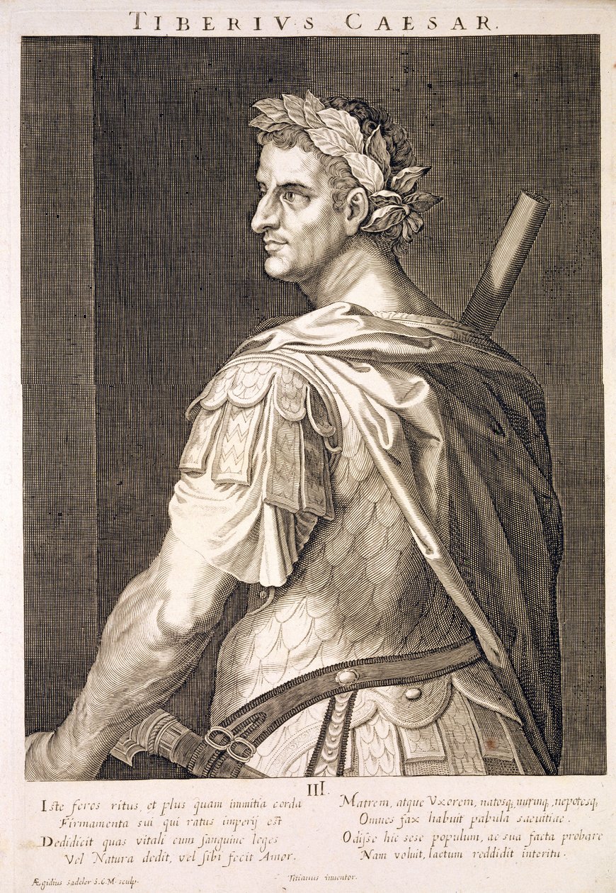 Tyberiusz Cezar (10 pne - 54 ne) Cesarz Rzymu 14-37 ne wyryty przez Aegidius Sadeler (1570-1629) autorstwa Tiziano Vecelli