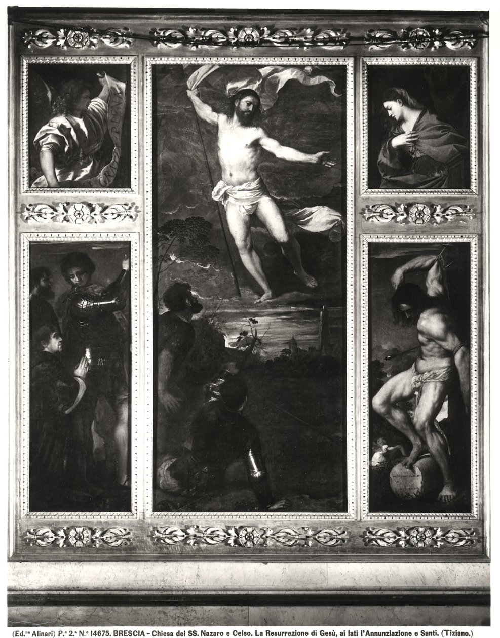 Poliptyk Averoldi przedstawiający Zmartwychwstanie Chrystusa, Zwiastowanie, SS Nazariusz i Celsus z Averoldim i męczeństwo Sebastiana, 1522 autorstwa Tiziano Vecelli