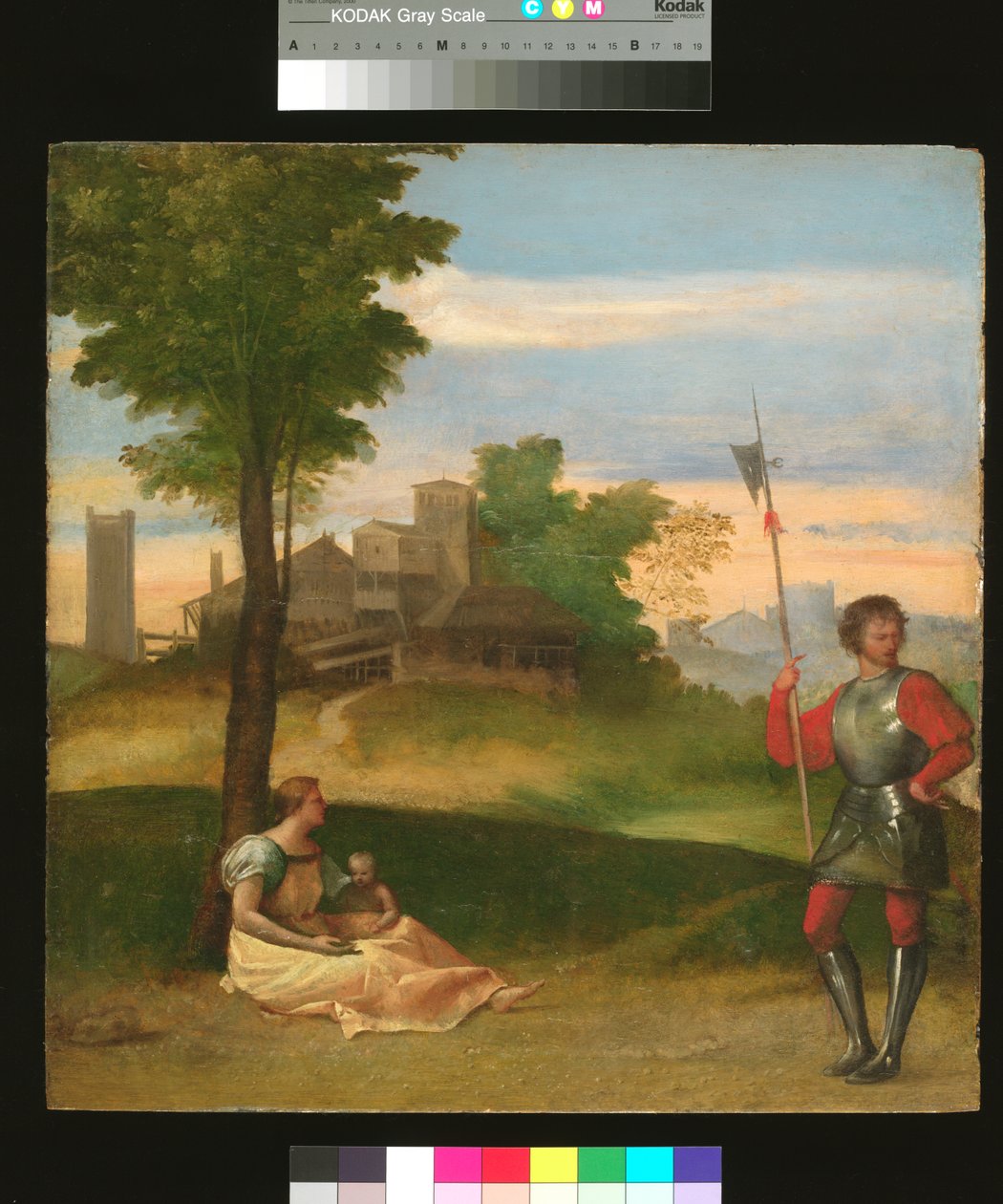 Sielanka: Matka i halabardnik w zalesionym krajobrazie, ok. 1505-10 (olej na płycie) autorstwa Titian (c.1488 1576) (attr. to)