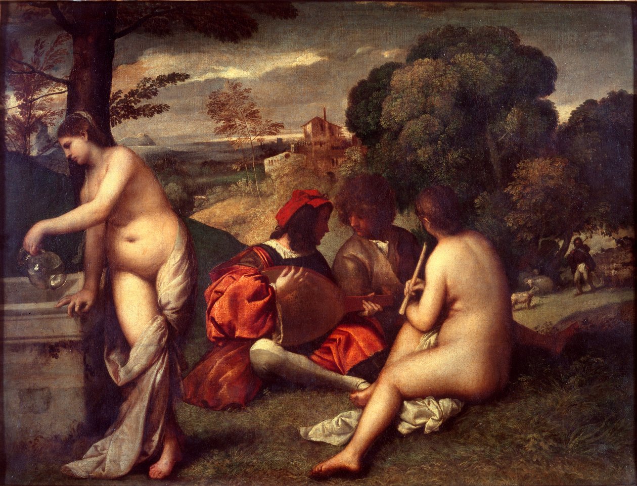 Koncert Pastoralny, ok. 1509 (olej na płótnie) autorstwa Titian (c.1488 1576) (attr. to)