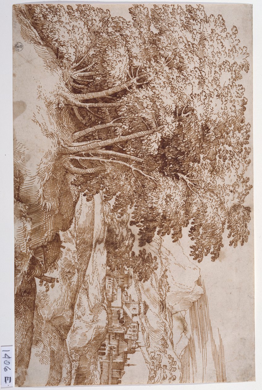 Krajobraz z drzewami po lewej i miastem w tle (pióro i tusz na papierze) autorstwa Titian (c.1488 1576)