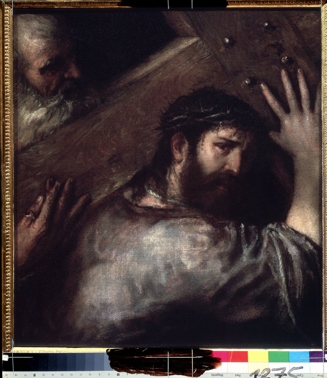 Chrystus dźwigający krzyż (Le portement de croix) (Chrystus dźwigający krzyż). Obraz Tycjana lub Le Tycjana (Tiziano Vecellio lub Vecelli lub Tiziano da Cador autorstwa Titian (c.1488 1576)