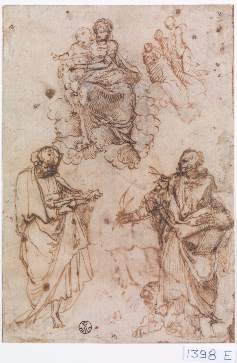 Madonna z Dzieciątkiem siedząca na chmurach ze świętymi lub apostołami (pióro i tusz na papierze) autorstwa Titian (c.1488 1576)