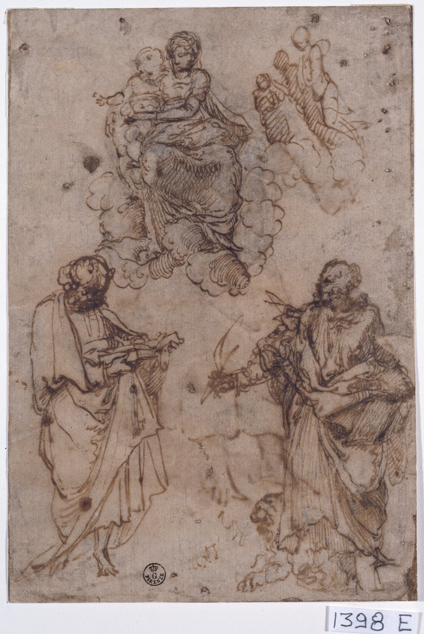 Madonna z Dzieciątkiem siedząca na chmurach ze świętymi lub apostołami (pióro i tusz na papierze) autorstwa Titian (c.1488 1576)