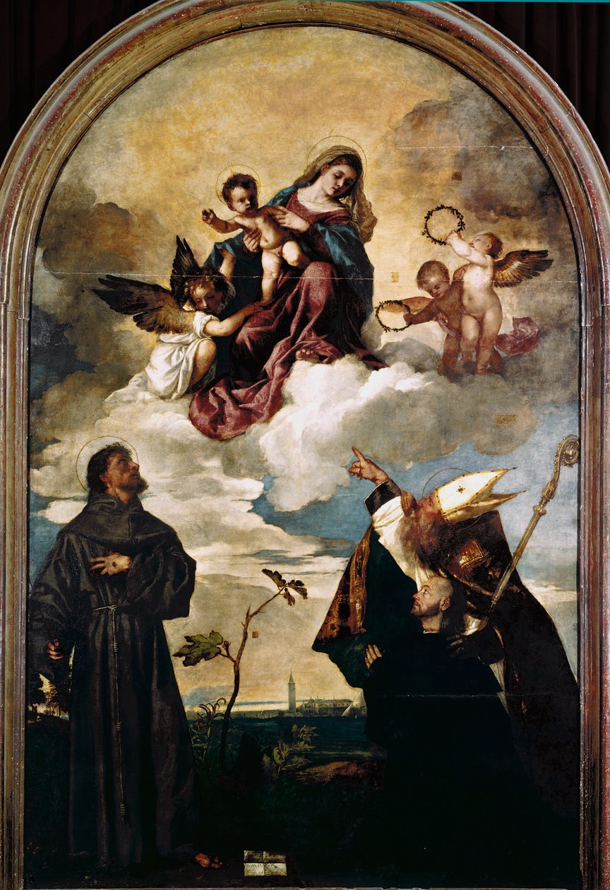Madonna w chwale z Dzieciątkiem, świętymi Franciszkiem i Alvise oraz darczyńcą Luigi Gozzi autorstwa Titian (c.1488 1576)