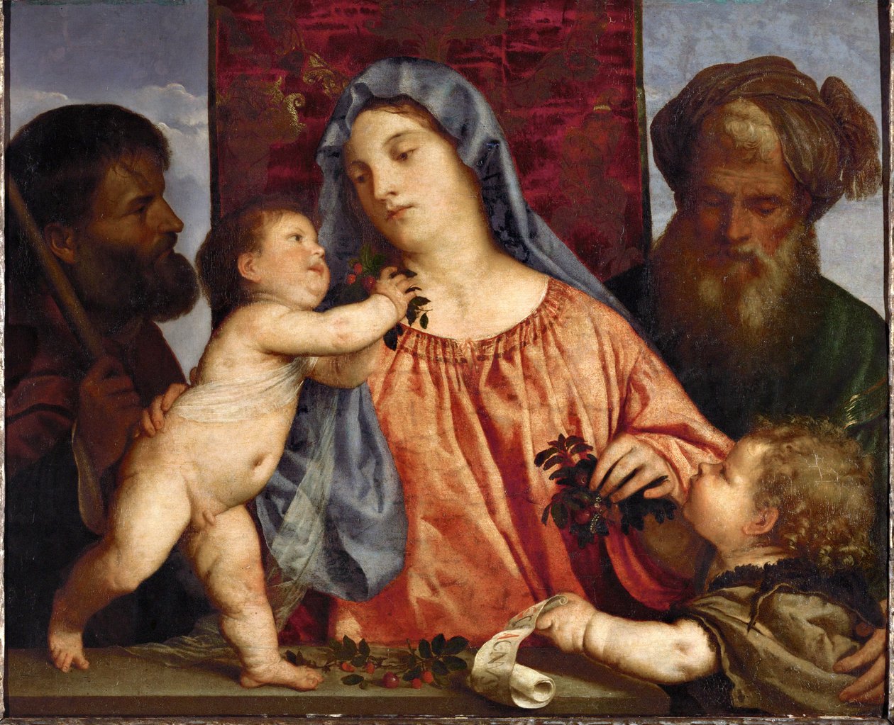 Madonna z wiśniami ... (olej na płótnie) autorstwa Titian (c.1488 1576)