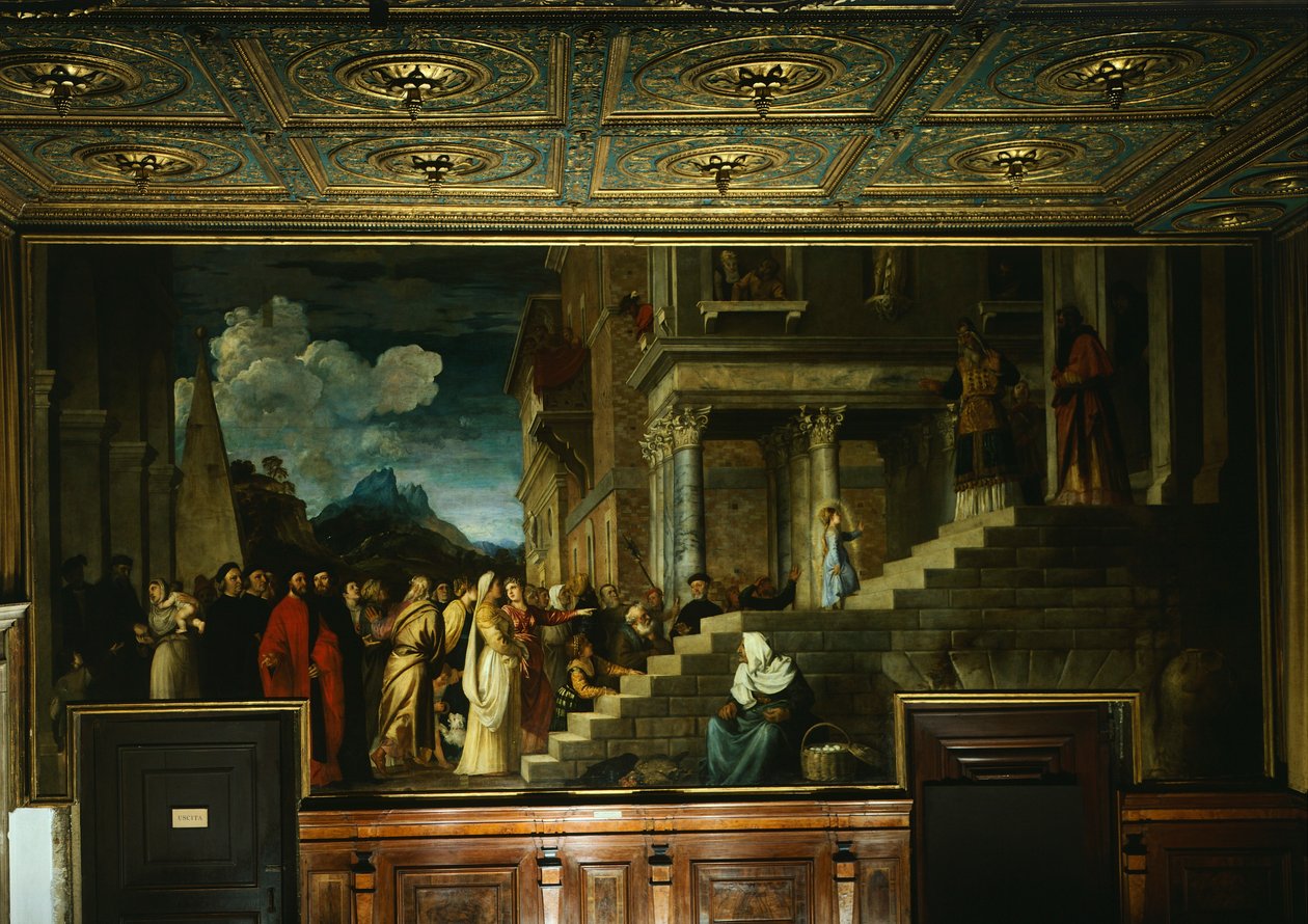 Ofiarowanie Maryi w świątyni, Tycjan (ok. 1490-1576), olej na płótnie, 345x775 cm autorstwa Titian (c.1488 1576)