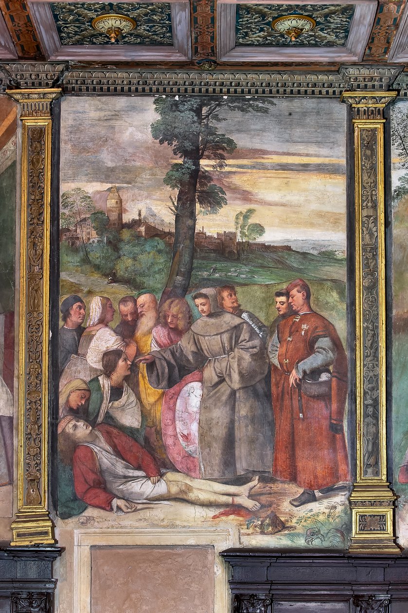 Św. Antoni ponownie przyczepia stopę do młodzieńca, Szkoła Świętego (fresk) autorstwa Titian (c.1488 1576)