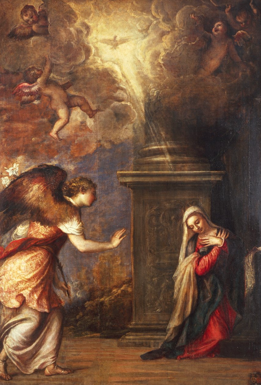 Zwiastowanie, Tycjan (ok. 1490-1576), z kościoła San Domenico Maggiore w Neapolu, olej na płótnie, 280x210 cm autorstwa Titian (c.1488 1576)
