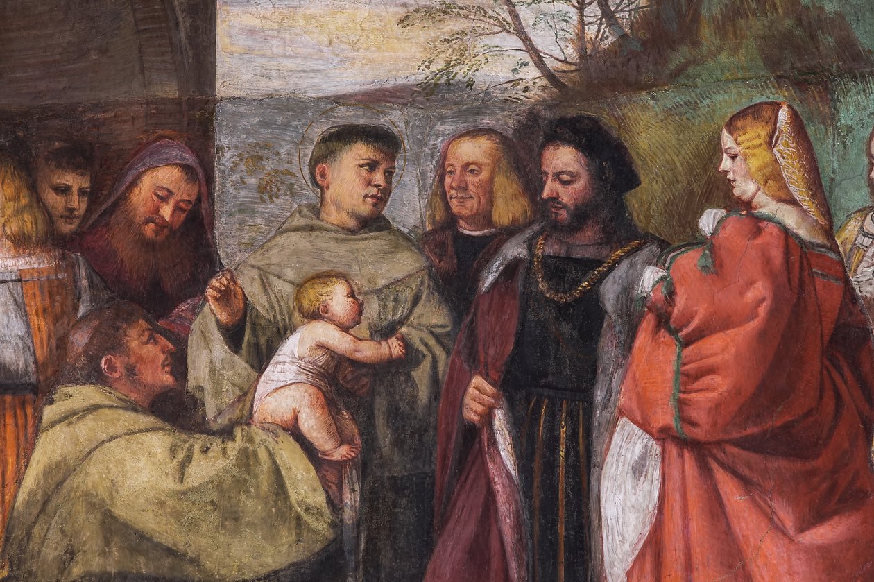 Dzieciątko głoszące niewinność Matki, ściana północna, Szkoła św., fragment 2195188 i 2195385 autorstwa Titian (c.1488 1576)
