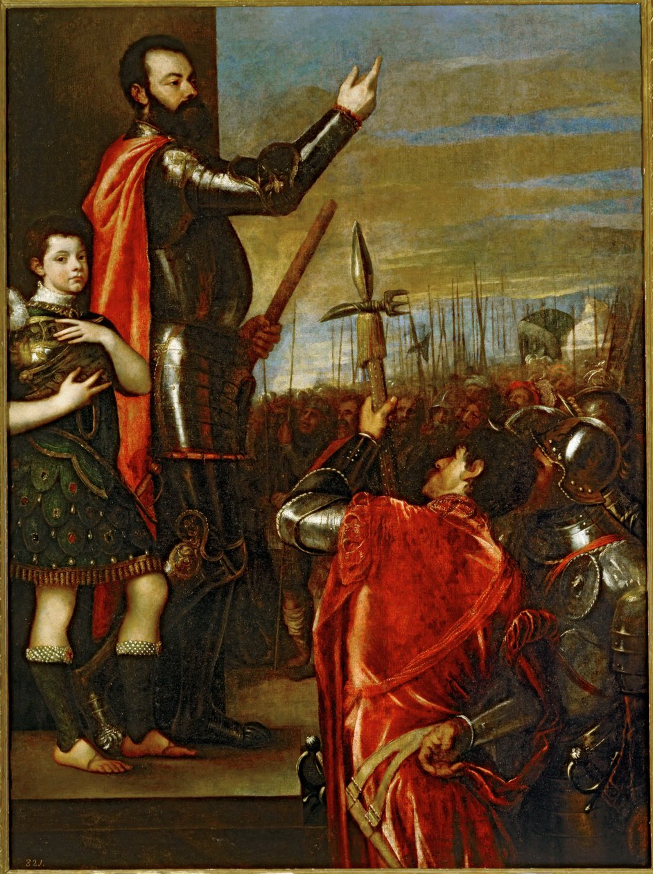 Markiz Vasto przemawiający do swoich żołnierzy ... (obraz na płótnie) autorstwa Titian (c.1488 1576)